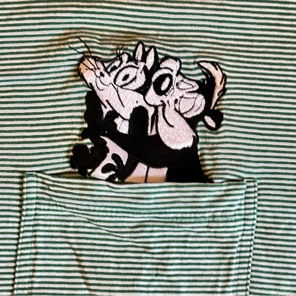 Vintage 90’s Looney Tunes Pep Le Pew Green &White Striped Ringer Tee Y2K - Picture 2 of 5